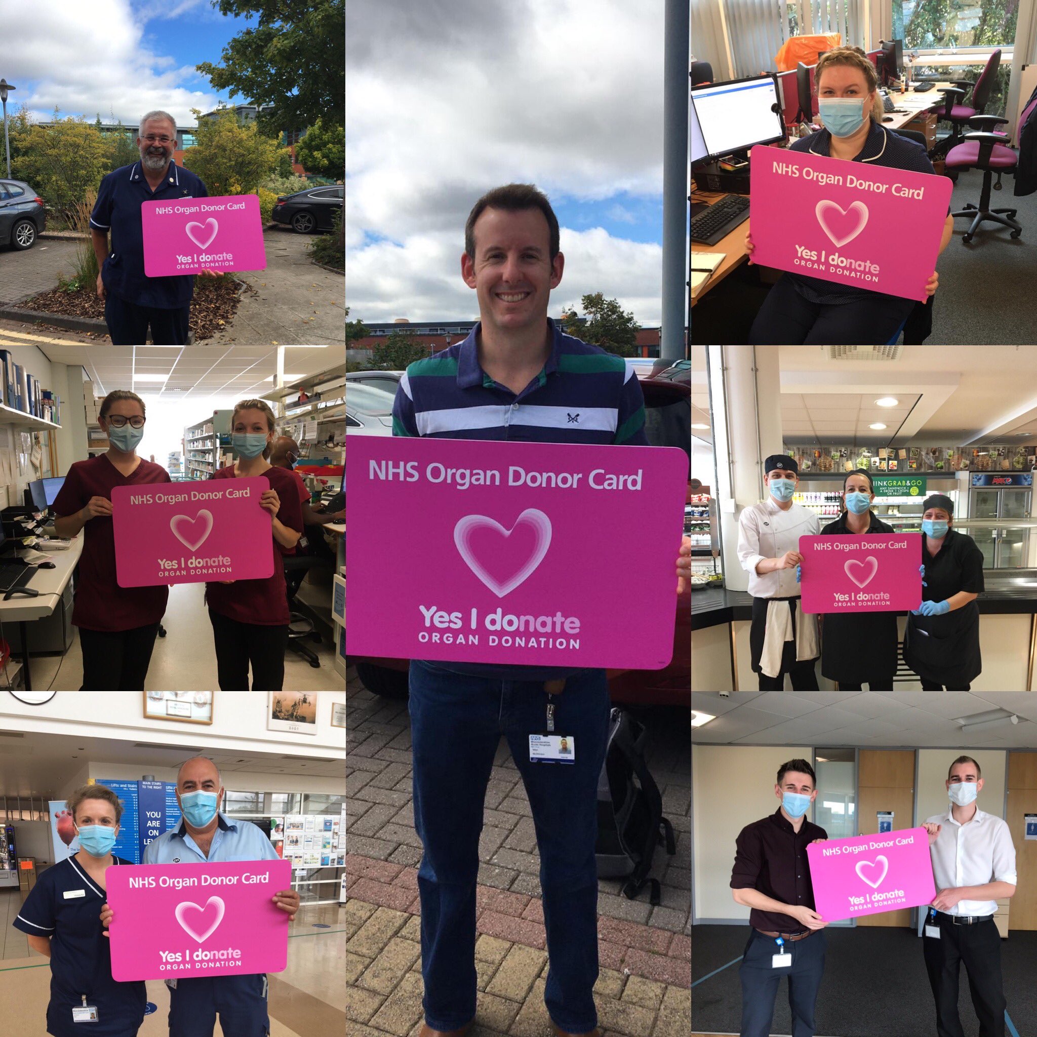 Various people holding oversize NHS Organ Donor Card