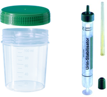 100ml green topped container for urine collection, 15ml Monovette for sending urine for investigation to lab, 30ml plain universal in event of small sample.The concentration of Boric Acid has been shown to be inhibitory to bacteria if the volume is below 10 ml. If less than 10 ml urine use a white topped universal and send at least 1 ml.
