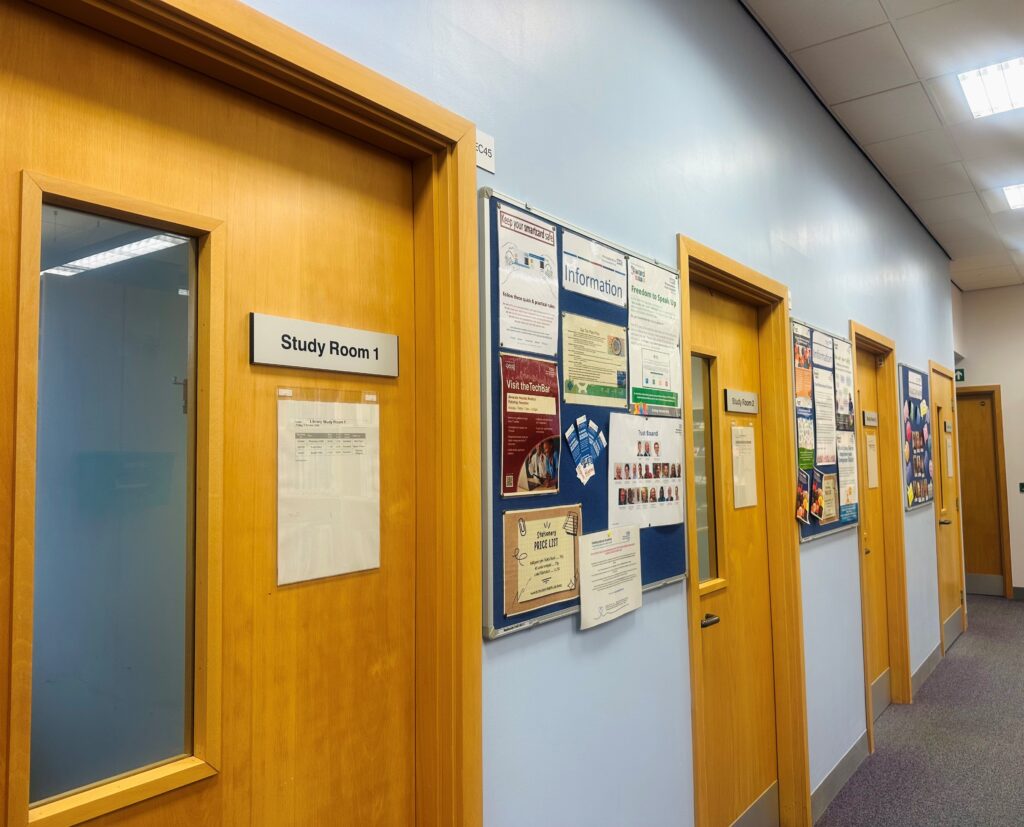 Image: Photo of outside of bookable study rooms at Redditch Health Library