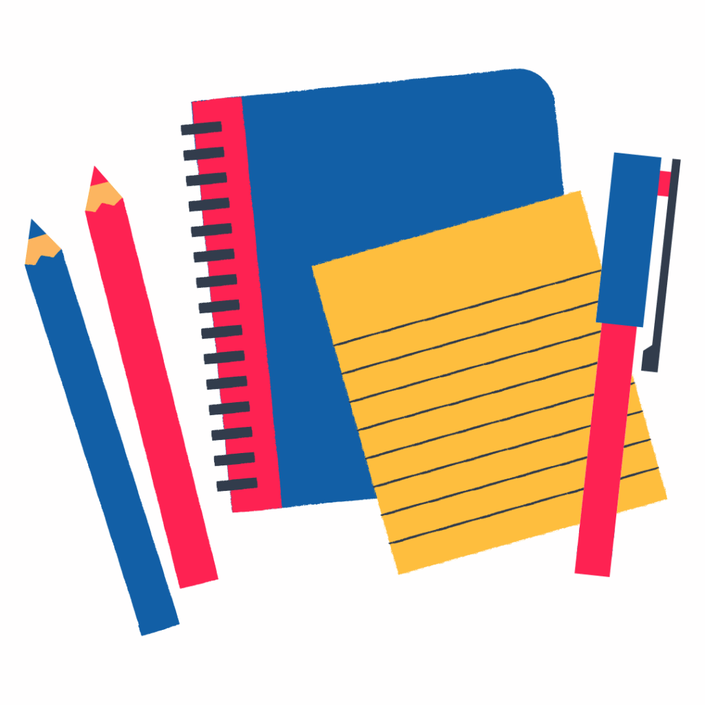 Image: graphic showing pen, pencils and note paper. 