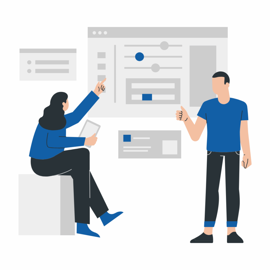 Image: graphic showing two people looking at data. 