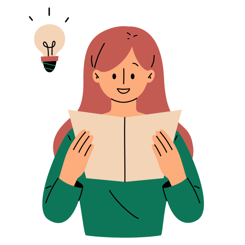 Image: Graphic of girl reading with a lightbulb over her shoulder, implying an idea. 