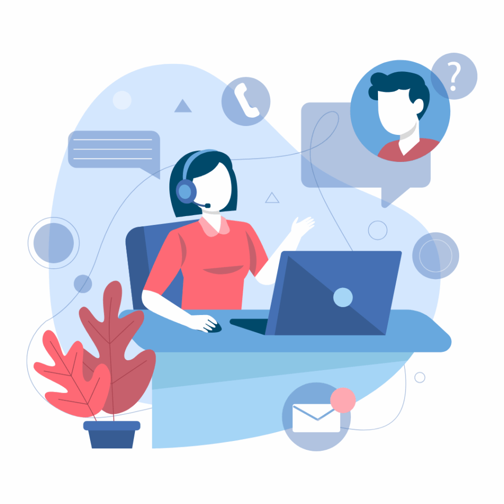 Image: graphic showing remote training, a woman at a desk with a headset and lots of speech bubbles and email icons around in the air, showing online training.  