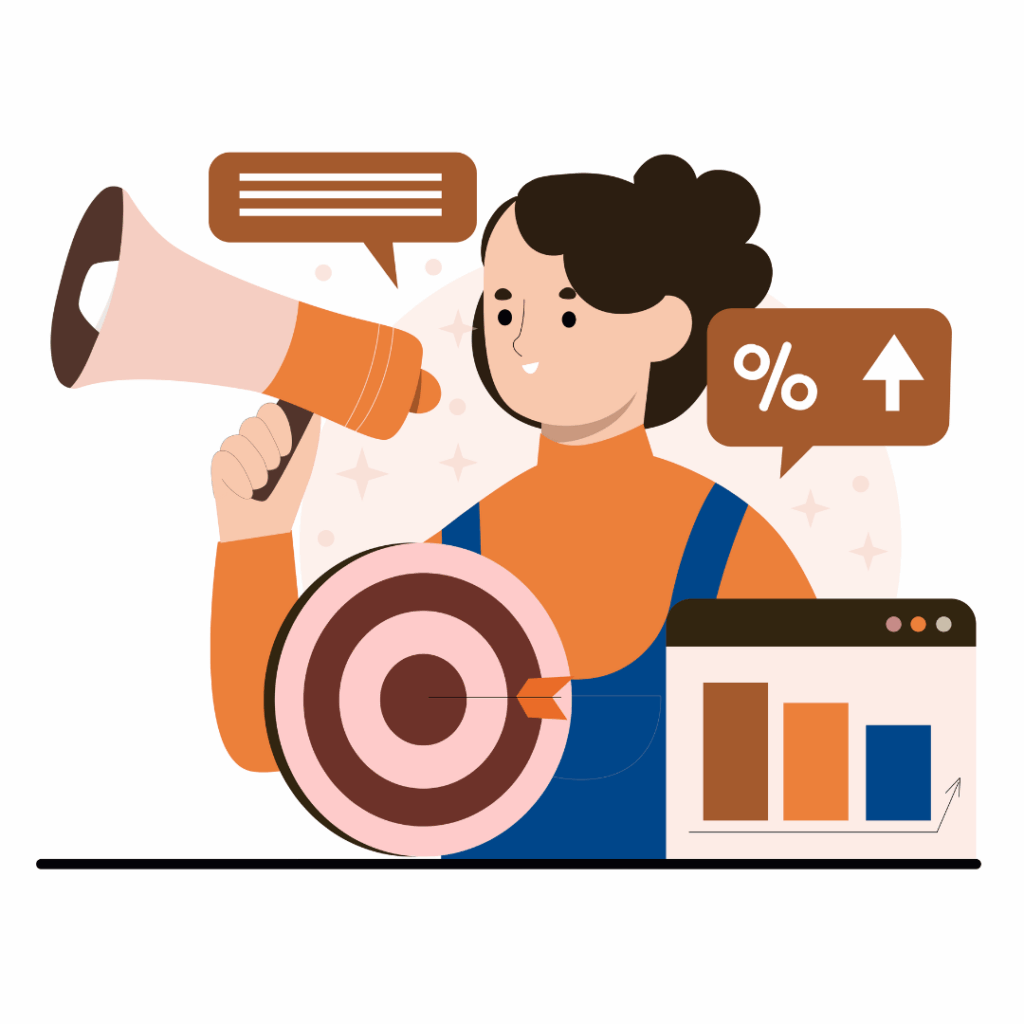Image: graphic of a woman surrounded by information and targets. 