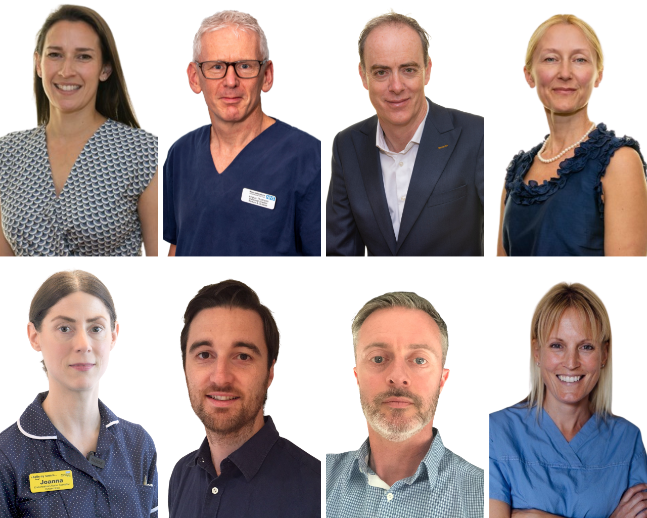 Top row (from left to right): Miss Donna Ghosh (Service lead), Mr Angus Thomson (Consultant), Mr Jon Hughes (Consultant), and Miss Natalia Price (Consultant). Bottom row (from left to right): Joanna Street (Endometriosis Specialist Nurse), Mr Richard Wilkin (Consultant Colorectal Surgeon), Dr Rob Johnson (Consultant Radiologist), and Miss Deborah Nicol (Consultant Colorectal Surgeon).