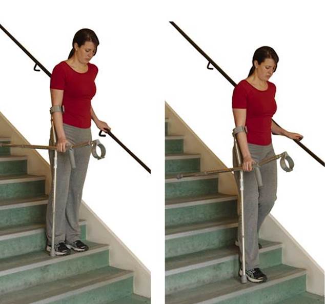 Image of person moving down stairs  using one crutch holding banister with one hand and other crutch horizontally in other