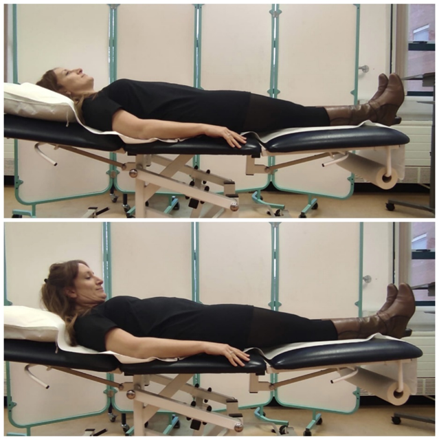 Images of person lay flat on back then raising head and neck from pillow