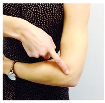 Person pointing to radial area of elbow