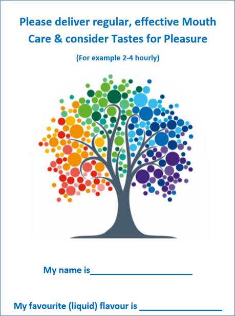 Bed sign for mouth care and tastes for pleasure with rainbow tree and name space favourite liquid flavour space