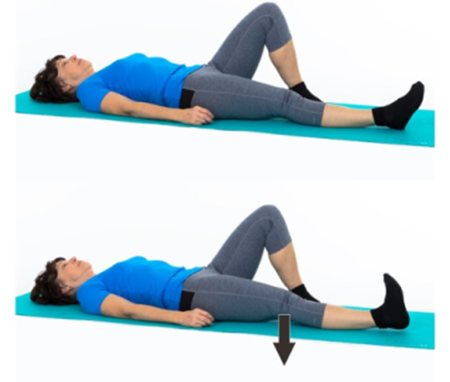 Person laying with both legs flat on the ground with one knee lifted and foot flat on ground while other leg is straight with flexed foot and back of knee pushing down into ground as indicated by a black arrow