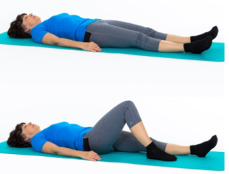 Person laying with both legs flat on the ground then with one knee lifted and foot flat on ground