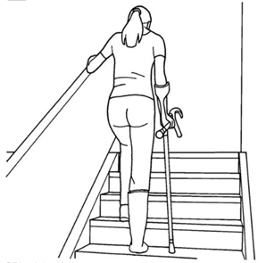 Person walking up stairs using one crutch and stair rail
