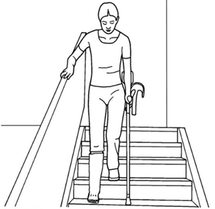 Person walking down stairs using one crutch and stair rail