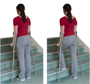 Person walking up stairs using two crutches