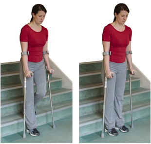 Person walking down stairs using two crutches