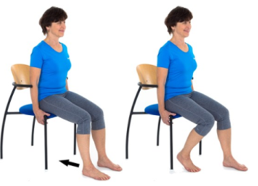 Person sat on chair edge sliding feet back and the return to start