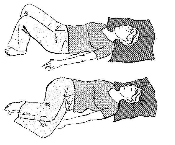 An individual lay flat on back with head supported on a pillow and knees bent, feet are flat on floor or surface
A second image shows individual lay flat on back with head supported on a pillow and both knees bent and twisted over to one side