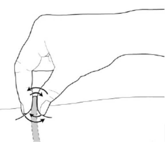 Image shows skin either side of scar being pinched and the scar rolled gently between finger and thiumb