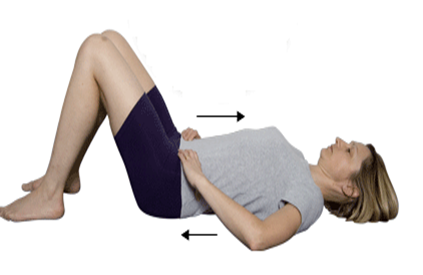 Person lying on back with knees bent and feet flat on floor arrows indicate breathing in an back not moving