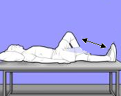Person lay on back with head supported by a pillow. One knee is bent and foot is being slid back and forth. Arrow indicates movement