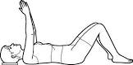 Person lay on back with head supported. Knees are bent feet flat on surface. Arms are lifted whilst holding a small ball. Arrow indicates movement