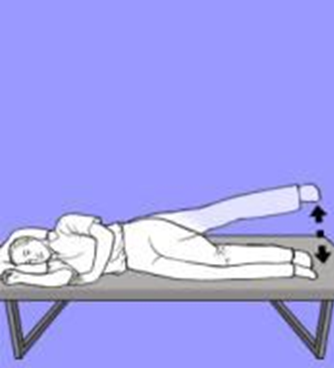 Person lay on side head supported by arm kneed bent. Top leg is raised and lowered. Arrow indicates movement