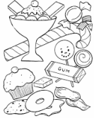 Drawing of foods containing sucrose, ice cream, sweets, biscuits and cakes