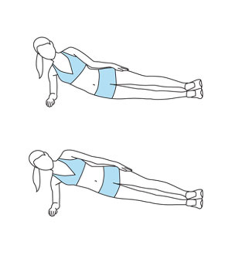Person lay on side legs stacked resting on bent arm elbow is directly below should arm in front. Hips raise into a side plank
