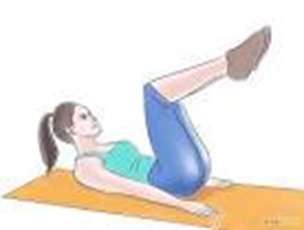 Person lays flat on surface arms straight by side raises legs and hips by tucking pelvis and head and shoulders to crunch stomach muscles
