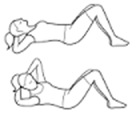 Person lays flat on surface with knees raised feet flat on floor. Hands are behind head supporting neck elbows wide. Elbow is twisted towards middle of body and returned