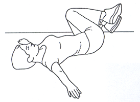 Person is in spinal twist lay back to floor with arms out straight to sides and both knees rolled to one side