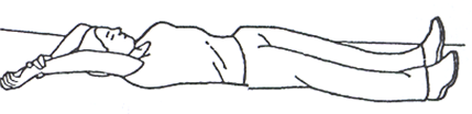 Person is lay back to floor legs out straight and arms stretched above head wrist of one arm gripped by other hand