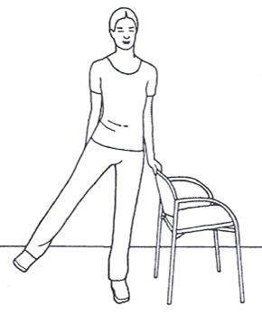 Person holding chair back extending straight leg to side