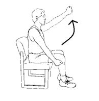Person sat tall raising arm 