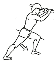 Person braced against wall stretching calf  feet a stride apart front knee bent back leg straight