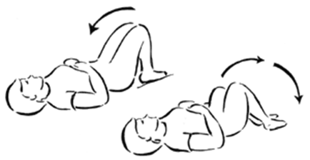 Person lay on back both knees are bent and knees are being moved side to side. Arrow indicates movement