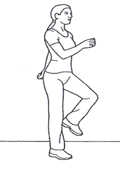 Person holding chair back extending bent leg to rear