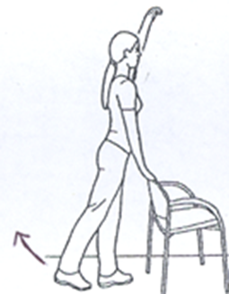 Person holding chair back extending straight leg to rear