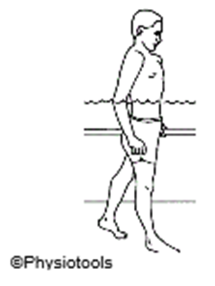 Person in pool walking holding handrail