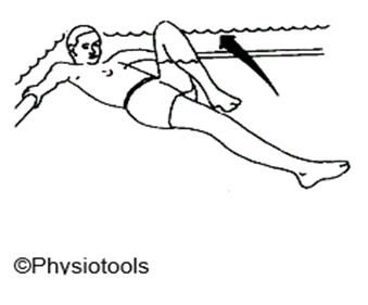 Person floating face up flat in corner of pool holding hand rails bringing one leg knee to chest. Arrow indicates movement