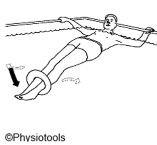 Person floating face up flat in corner of pool holding hand rails legs are in a ring and are moving up and down. Arrow indicates movement