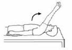 A diagram of an individual laying on bed straightening arm from the shoulder and stretching hand up to the ceiling