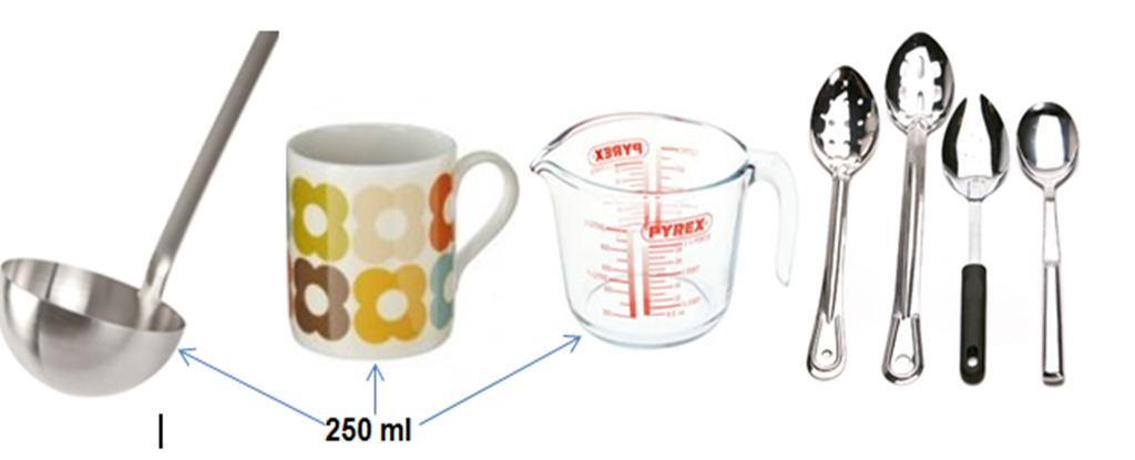 Picture of household measures, ladle, mug, measuring jug and spoons