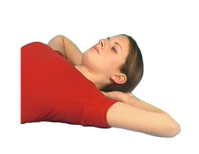 Lie on back with head resting in hands elbows out 
