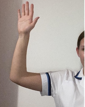 Image of arm being raised at shoulder height to side with 90 degree angle in elbow so fingers point to ceiling
