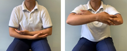Image of person using good arm to lift injured arm in front to around chest height