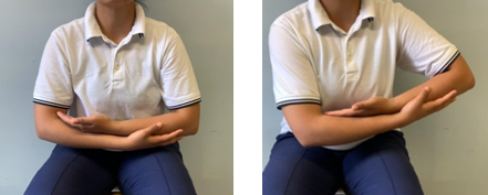 Image of person using good arm to lift injured arm out to side to around chest height