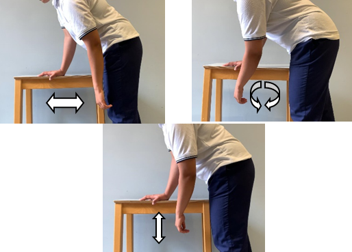 Person stood with good arm supported on table surface whilst injured arm dangles freely and pendulums to front and back, in circles and up and down. Arrows indicate movement