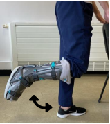Leg exercise stand holding a chair back and lift injured foot towards bottom bending at the knee