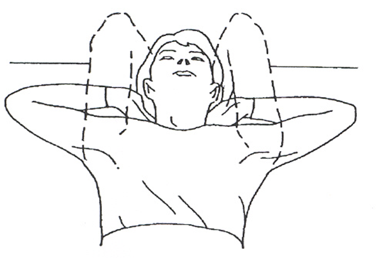 Image of individual lying on their back with hands behind their neck and elbows pointing towards the ceiling. It then shows elbows apart touching the ground. 